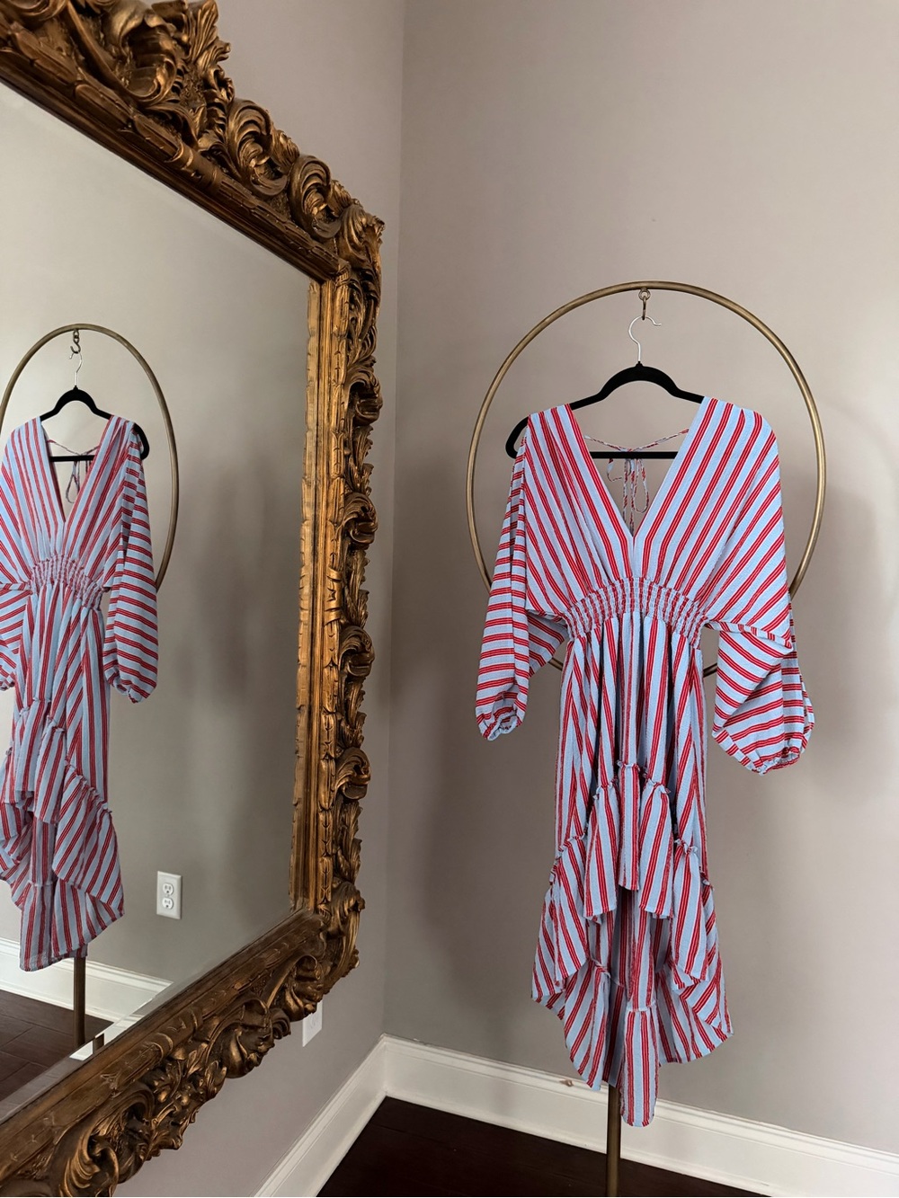 Anthropologie Flying Tomato Red & Light Blue Striped V-Neck Assymetrical Dress